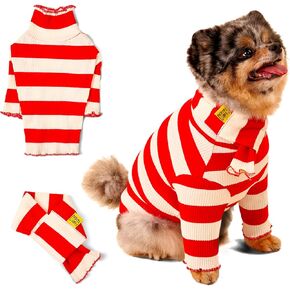 Striped Dog Shirt with Matching Scarf – Ribbed Lightweight Breathable Pet T-Shirt, Stylish Puppy Clothes, Soft Cotton Dog Apparel (Cream/Red, Small)