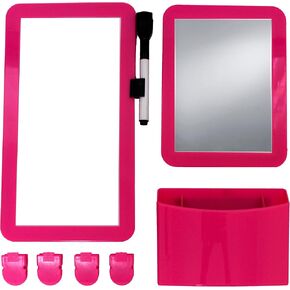 Inkology Magnetic Locker Organizer 8-Piece Set with Mirror, Mini Dry Erase/Whiteboard, Dry Erase Pen, Magnetic Clips and Utility Bin, Rosy Pink