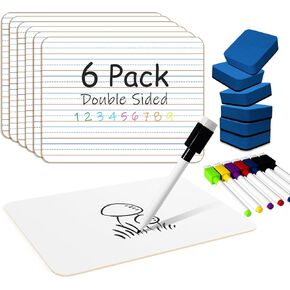 6 Pack Lined Dry Erase Boards, 9"x12" Ruled Writing Board Double Sided Whiteboards with Lines Mini Portable Drawing Lapboards for Kids Students Teacher Classroom Including 8 Markers and 6 Erasers