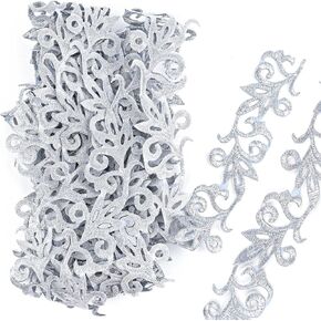 Framendino, Silver Flower Embroidery Polyester Ribbons Metallic Floral Lace Trim Applique Iron on Patches for DIY Sewing