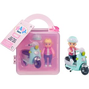 Baby Born MINIS Playset - Light Skin Tone Doll with Blue Eyes, Scooter & Helmet Accessory, Includes Reusable Carrying Case for On-The-Go Playtime