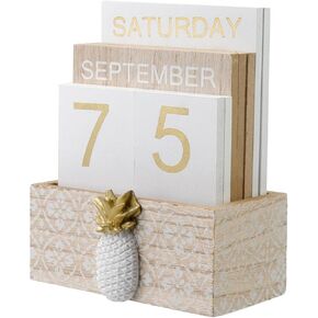 Semetall Perpetual Calendar Wooden Calendar Blocks,Vintage Wood Block Calendar for Home Office Desk,Week Month Date Display-Wood Color