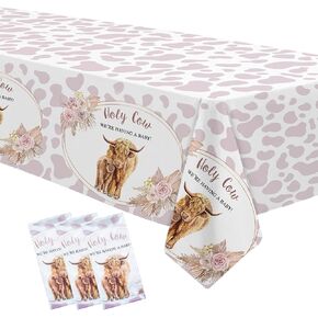 Highland Cow Baby Shower Decorations Tablecloth - Disposable Holy Cow Baby Girl Party Supplies Table Cover, Boho Highland Cow Baby Shower Table Decorations Table Cloth - 3 Pack (54in x 108in)