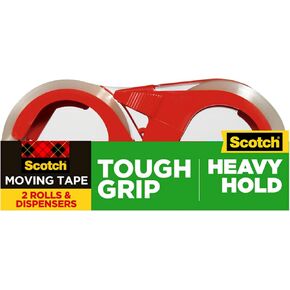 Scotch Tough Grip Moving Packaging Tape, 1.88" x 54.6 yd, Strong Hold on All Box Types Including Recycled, Secures Boxes up to 80 lbs, 3" Core, Clear, 2 Rolls with 1 Dispenser (3500-2-1RD)