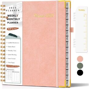 2025 Planner, Weekly and Monthly Planner from October 2024 - December 2025, 8.5" x 11" Hardcover Leather Calendar Planner 2025 with Monthly Tabs, Spiral Bound Daily Planners for School Work Home, Pink