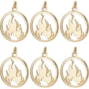 Beebeecraft 1 Box 10Pcs Fire Charms 18K Gold Plated Flat Round with Fire Fireplace Pendants Dangle Charms with Jump Ring for DIY Jewelry Necklace Earrings Bracelet Making