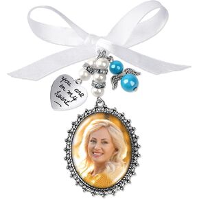 KALIONE Wedding Bouquet Photo Charms Bouquet Charms for Wedding Memory Pearl Bow Angel Lacy Oval Locket Charms Bridal Bouquet Photo Charms Something Blue Wedding Memorial Charms for Bride Bouquet
