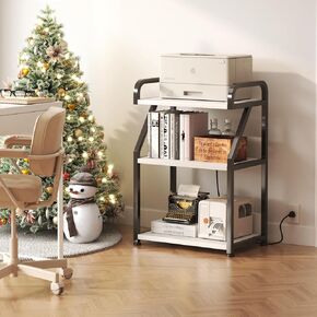 Mexin White Printer Stand-Small 3 Tier Printer Table with Wheels, Industrial Rolling Printer Cart with Storage Shelf for Printer Scanner Fax Home Office Use,17.5 x 11.8 Inches
