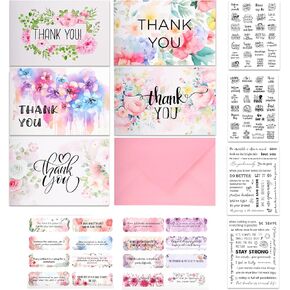 Thank You Cards with Envelopes, 50PCS Floral Blank Greeting Note Cards Set with 12PCS Stickers with Encouraging Words, Perfect for Bridal Shower, Baby Shower, Wedding, Birthday, All Occasion(4"x6")