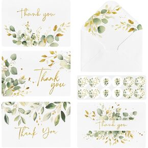 Artoid Mode 36 Pack Eucalyptus Spring Thank You Cards Glod Leaves Greeting Cards Gift With Envelope Sticker Blank Note Cards for Birthday Wedding Baby Shower Bridal Shower, 4 x 6 Inch