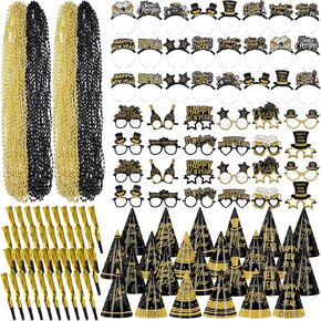 480 Pcs New Years Eve Party Supplies Include 96 New Year Headband 96 Happy New Year Glasses 96 New Year Hats 96 Noise Makers 96 Bead Necklace for 2025 New Year Day Xmas Party Supplies