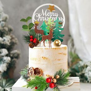 12PCS Christmas Cake Topper Merry Christmas Cake Decorations with Deer Santa Pine Tree for Xmas Winter Holiday Cake Decor Christmas Theme Party Supplies (Gold)