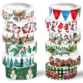 Christmas Washi Tape Set,12 Rolls Floral Watercolor Plants Decorative Tape Santa Claus Snowman Gift Masking Tape for Journaling Supplies,Journal, Scrapbooking,DIY Arts & Crafts,Gift Wrapping