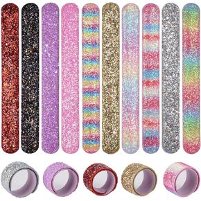 10PCS Glitter Slap Bracelets for Kids Girls Party Favors Supplies Rainbow Slap Wristband with Soft Suede Lining Kids Birthday Gifts Easter Egg Filler Classroom Prizes