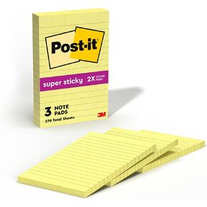 Post-it Super Sticky Lined Notes, 3 Sticky Note Pads, 4 x 6 in., School Supplies for Students, Ideal for Textbooks, Notebooks, Walls and Vertical Surfaces, Canary Yellow