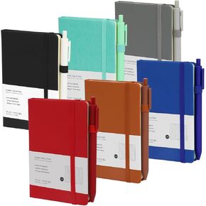 Coopay 6 Pack A6 Pocket Small Notebook with 6 Pens Bulk Classic Hardcover Leather Journal Set with Pen Holder for Men Women Writing, Office, Home, School, Business, 100GSM, 3.5" x 5.5", Multicolor