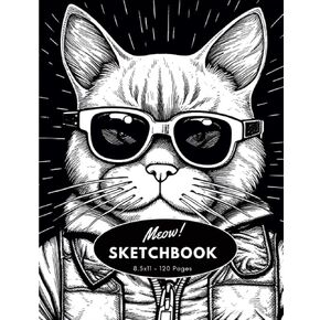 Meow Sketchbook: Cool Cat 120 pages Unlined Drawing Notebook, 8.5x11 Large Sketch Book for Doodling or Sketching Journal