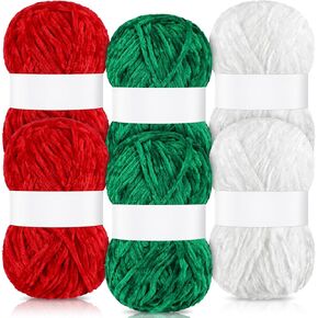 Tondiamo 6 Pack 792 Yards Christmas Velvet Yarn Velvet Chenille Yarn Polyester Blanket Yarn Red Green White Crochet Yarn for Crocheting Knitting DIY Craft Handmade Scarf Hat Christmas Stockings