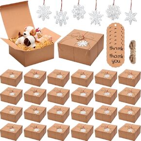 Seajan 109 Pcs Retro Winter Gift Boxes Cookie Boxes Treat Box with Lids Wooden Snowflake Thank You Tags Twines Rope for Holiday Party Favors
