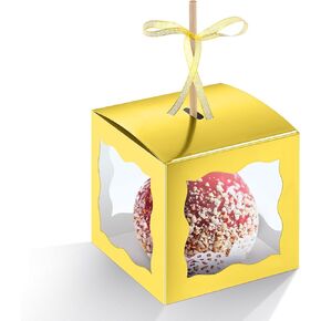 Dandat 50 Pieces 4 x 4 x 4 Inch Candy Apple Box with Hole and Stick Paper Caramel Apple Boxes Cookies Chocolate Gift Treat Boxes with Clear Windows Caramel Apple Containers for Wedding (Gold)