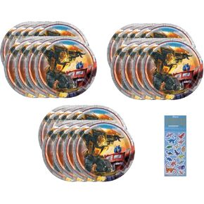Unique Transformers Party Supplies Bundle Pack includes 24 Dessert Cake Paper Plates and 1 Dinosaur Sticker Sheet