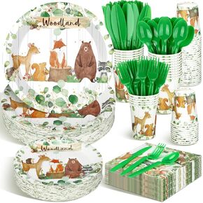 Dandat 350 Pcs Baby Shower Plates Set Baby Shower Party Supplies Serves 50 Tableware Sets Include Plates Napkin Cup Forks Knives Spoons Disposable Dinnerware for Boy Girl (Woodland)