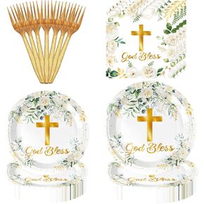 160PCS God Bless Birthday Party Supplies Set Disposable Paper Plates,Baptism Tableware Set Include Mi Bautizo Disposable Plates Napkins Forks for Eucalyptus Leaves Party Supplies Serve 40 Guests.