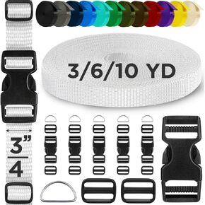 TECEUM Buckles & Strap Kit – 3/4" White Nylon Webbing 6 (yd) – 6 Heavy Duty Adjustable Plastic Buckles – 12 Tri-Glide Slide Clips – 3 Metal D-Ring – Ideal Straps for Arts Crafts Outdoors Indoors DIY