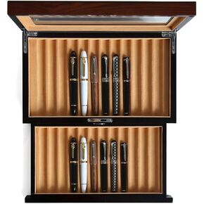 Wood Pen Display case 24 Slot Fountain Pen Box Storage Organizer with Drawer, Top Glass Window Pen Collection Display Case