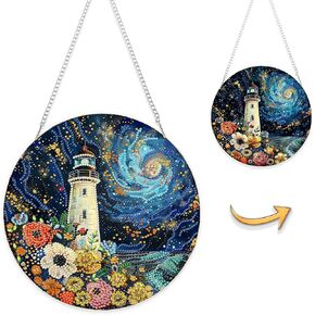 Eiflow Lighthouse Diamond Art Hanging Ornament Kit, 9.6x9.7inch Double Sided Diamonds Painting Pendant for Adults, DIY Acrylic Board Gem Painting Kit(Starry Sky)