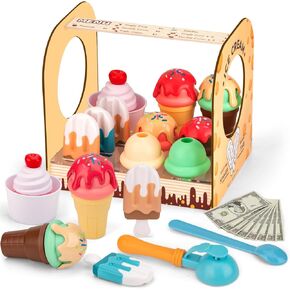 Ice Cream Counter Playset for Kids, Pretend Play (35 pcs) Play Food and Accessories，Food Scoop and Serve，Toddler Toy Ages 3 4 5 6 Year Old Girl or Boy