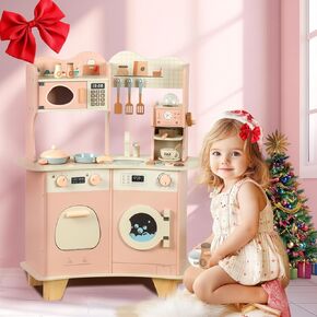 Wooden Small Play Kitchen Set for Toddlers and Kids, Montessori Pretend Kitchen Playset with Oven, Microwave and Coffee Grinder, Educational Mini Toy Kitchen for 1-3 Ages Girls and Boys