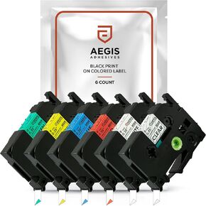 Aegis Adhesives - 6 Color Label Maker Tape Replacements for Brother P-Touch TZe Laminated Tape TZE-121 221 421 521 621 721. 9 mm / 0.35 Inch. Compatible Brother P-Touch Printer D610BT, H500LI (6 Pack)