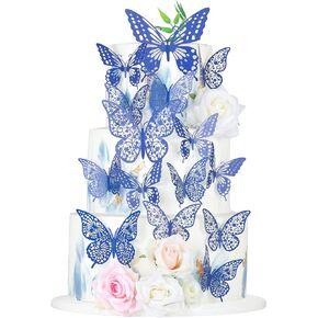 Gyufise 36 Pack Lively 3D Butterfly Cupcake Toppers Hollow Butterfly Cake Decorations for Birthday Wedding Fairy Party Butterfly Wall Sticker Decal for Background Wall Decoration Blue Glitter