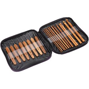 Fdit 20Pcs Bamboo Crochet Hooks Set with Case, Needles Bamboo Handle Knit Weave Craft Yarn DIY Sewing Tools