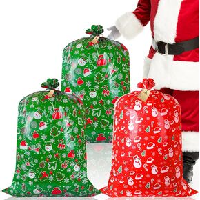 USEAMIE Jumbo Christmas Gifts Bags 3Pcs Extra Large (36' x56') Christmas Gift Wrapping Bags with Tag & Tie Giant Plastic Xmas Gift Bags for Large Gifts Kids Toys Goodie