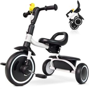 Toddler Tricycle for 18 Months to 5 Years, Foldable Tricycles for 3-5 Year Olds, Kids Tricycle with Adjustable Carry-Friendly Ergonomic Seat and Covered Large Basket, Pink