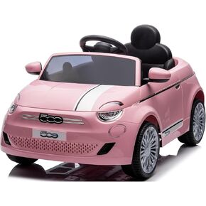 أفضل سيارة ركوب فيات 500 12 فولت بطارية DuoDrive KidPro سيارة ركوب مع وضع محرك مزدوج، جهاز تحكم يدوي وعن بعد، USB، راديو، حزام أمان، مركبات كهربائية للأطفال للأعمار من 3 إلى 6 سنوات، وردي