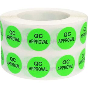 Quality Control Approval Stickers, QC Tester Labels on Fluorescent Green Paper, Suitable for Warehouse and Manufacturing, 1/2 Inch Round, 1000 Labels Per Roll, Case of 5 Rolls