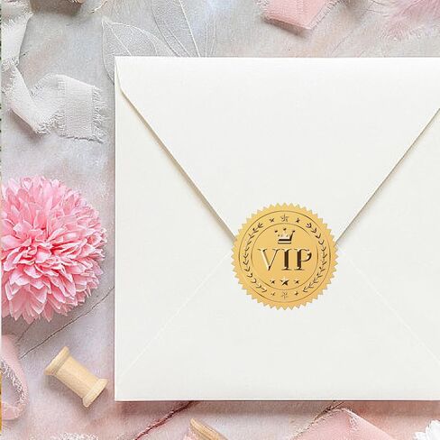 CRASPIRE VIP Stickers 100Pcs 2" Crown Envelope Seals Stickers Gold Foil Stickers Vintage VIP Envelope Stickers with Serrated Edge Embossed Envelope Seals for Envelopes Diplomas Wedding Supplies DIY in Kuwait