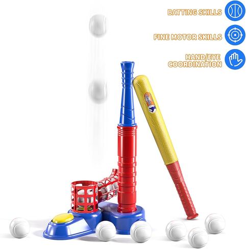TEMI 2 in 1 Tee Ball Set for Kids 3-8, Kids Baseball T-Ball Set with 10 Balls, Step on Pitching Machine, Batting Tee, Outdoor Sport Toy Games for 3-12 Year Old Boys Girls Toddler in Saudi Arabia