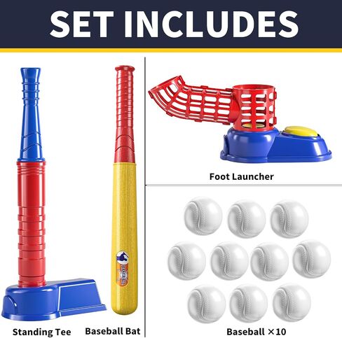 TEMI 2 in 1 Tee Ball Set for Kids 3-8, Kids Baseball T-Ball Set with 10 Balls, Step on Pitching Machine, Batting Tee, Outdoor Sport Toy Games for 3-12 Year Old Boys Girls Toddler in Saudi Arabia