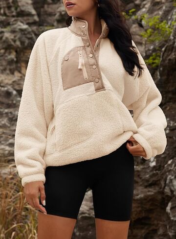 Yanekop Womens Fuzzy Fleece Pullover Sherpa Sweatshirt Long Sleeve Button Down Sweater Winter Fleece Jacket with Pockets in Saudi Arabia