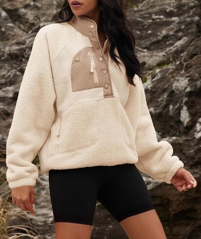 Yanekop Womens Fuzzy Fleece Pullover Sherpa Sweatshirt Long Sleeve Button Down Sweater Winter Fleece Jacket with Pockets in Saudi Arabia