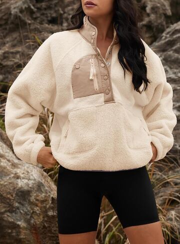 Yanekop Womens Fuzzy Fleece Pullover Sherpa Sweatshirt Long Sleeve Button Down Sweater Winter Fleece Jacket with Pockets in Saudi Arabia