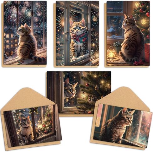 24 Pack Cat Christmas Cards with Envelopes & Stickers, 4 x 6 Inch Funny Kitten New Year Cards Bulk, Cute Animal Holiday Note Cards for Men Women, 6 Unique Designs in Kuwait