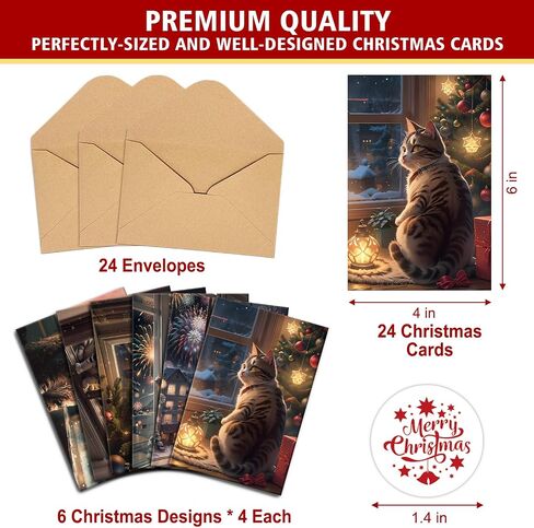 24 Pack Cat Christmas Cards with Envelopes & Stickers, 4 x 6 Inch Funny Kitten New Year Cards Bulk, Cute Animal Holiday Note Cards for Men Women, 6 Unique Designs in Kuwait