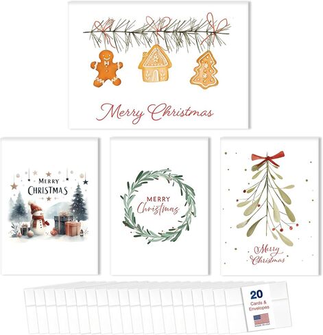 Merry Christmas Cards for Business & Family (Variety Pack 4 Seasonal Designs) Bulk Greeting Card Set Pack of 20 Holiday Cards with Envelopes (5x7 inch - A7) Office, Work, Employees & Clients VP2404 in Kuwait