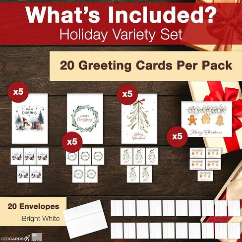 Merry Christmas Cards for Business & Family (Variety Pack 4 Seasonal Designs) Bulk Greeting Card Set Pack of 20 Holiday Cards with Envelopes (5x7 inch - A7) Office, Work, Employees & Clients VP2404 in Kuwait