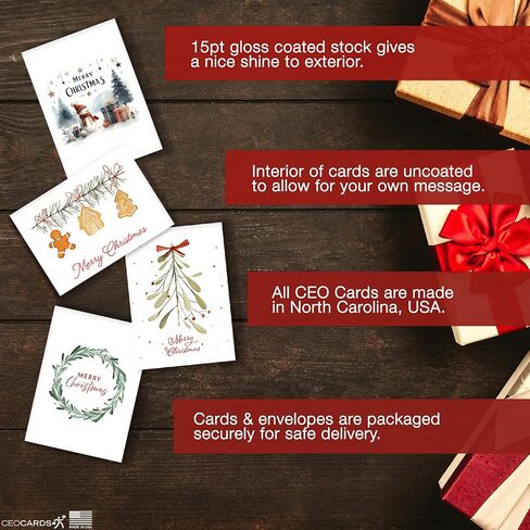 Merry Christmas Cards for Business & Family (Variety Pack 4 Seasonal Designs) Bulk Greeting Card Set Pack of 20 Holiday Cards with Envelopes (5x7 inch - A7) Office, Work, Employees & Clients VP2404 in Kuwait